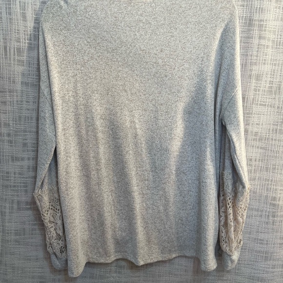 Drape front sweater, neutral boho sweater, lace sleeve sweater - Picture 4 of 5